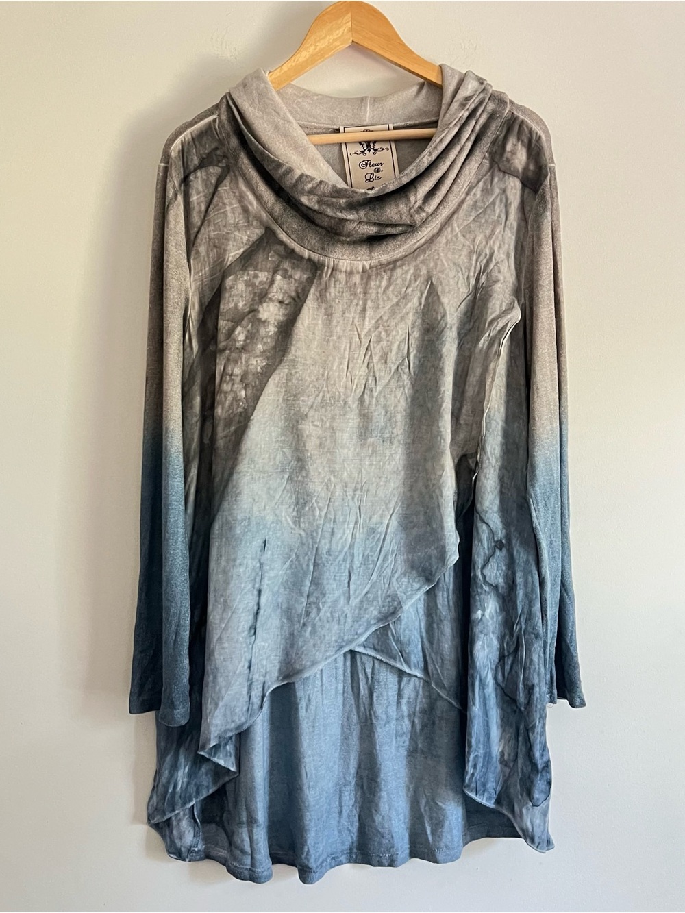 Fleur De Lis Size Large Cotton Linen Ombré Cowl Neck High Low Lagenlook Tunic